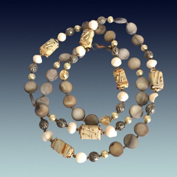 Vintage Lampwork Beads Necklace With Mother ofpearl Disk Freshwater Pe…